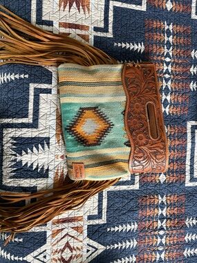 American Darling Leather Tooled Fringe Crossbody with Turquoise Southwest Fabric
